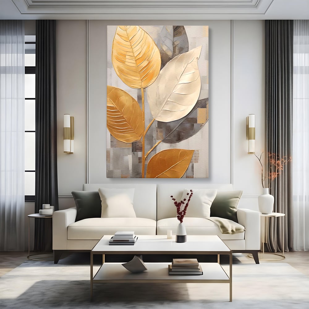 Tablou canvas cu tablou canvas cu frunze aurii texturate, fara rama, pe sasiu de lemn, pe perete intr-un living